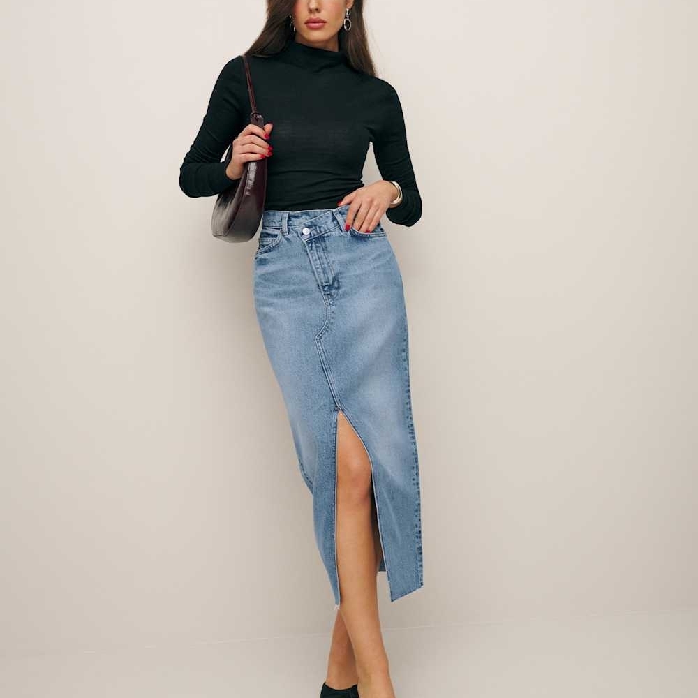Reformation Light Blue Denim Midi Skirt with Front Slit